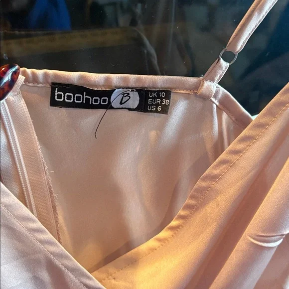 Boohoo Champagne Satin Frill Skirt Wrap Skater Dress Size 6 - Picture 3 of 7